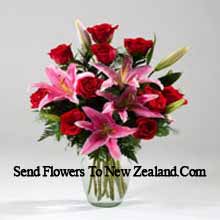 Lilies And Rose In A Vase Including Seasonal Fillers Delivered in New Zealand