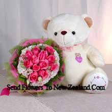 Bunch Of 11 Pink Roses And A Medium Sized Cute Teddy Bear Delivered in New Zealand