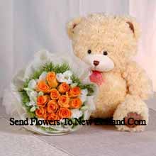 Bunch Of 11 Orange Roses And A Medium Sized Cute Teddy Bear Delivered in New Zealand