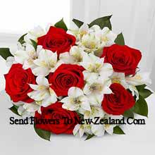 Bunch Of 7 Red Roses And Seasonal White Flowers Delivered in New Zealand