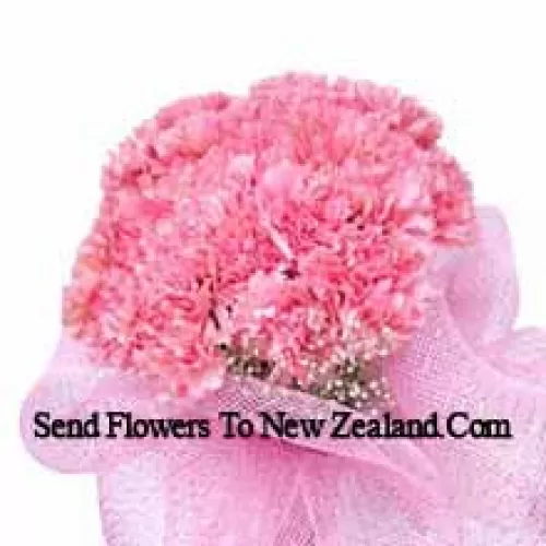 Un magnifique bouquet de 25 oeillets roses avec des remplissages saisonniers
