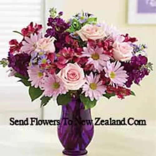 Pink Roses, Pink Gerberas And Other Assorted Flowers Arranged Beautifully In A Glass Vase -- 25 Stems And Fillers
