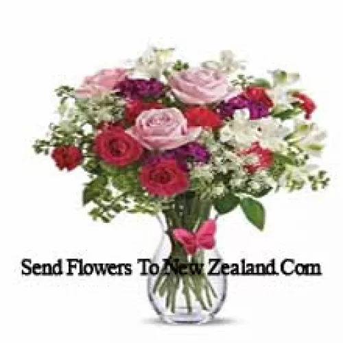 Red Roses, Pink Roses, Red Carnations And Other Assorted Flowers With Fillers In A Glass Vase -- 25 Stems And Fillers