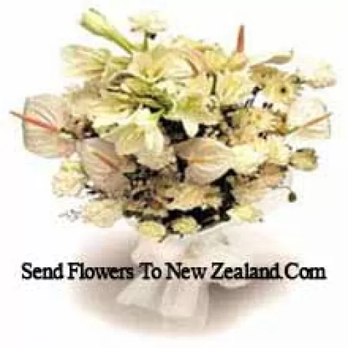 Bunch Of White Lilies, White Anthuriums, White Carnations And White Roses With Seasonal Fillers