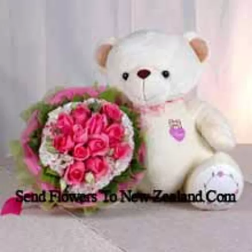 Bunch Of 11 Pink Roses And A Medium Sized Cute Teddy Bear