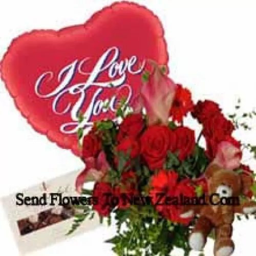 Bunch Of Red Gerberas And Red Roses, I Love Your Balloon, Cute Teddy Bear And A Box Of Chocolate
