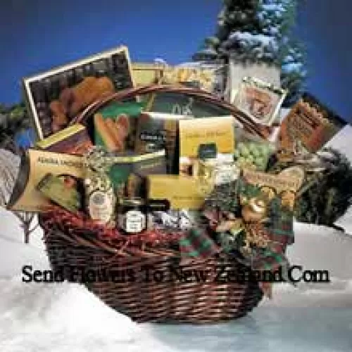 Make a grand holiday statement with this bonanza of good taste. The basket is practically overflowing with edible delights to enjoy. The large features Milk Chocolate Cappuccino Bar, Toasted Wheat Crackers, Brent & Sams All Natural Chocolate Chip Cookies, Munster Cheese Spread, White Cheddar Popcorn, Honey Mustard Pretzel Nuggets, Wasabi Peanut Crunch, Alaska Smoked Salmon, Chocolate Creme Puffs, Cranberry Supreme Fruit and Nut Mix, Sweet Polenta Jalapeno Cheese Straws, Pacific Roast Premium Coffee, Gourmet Burgundy Wine Jelly, Imported Italian Hazelnut Wafer Cookie, English Almond Toffee, Ghirardelli Milk Chocolate Caramel Squares, 5 Peach Apricot Teabags, Cherrydale Milk Chocolate Colonial Crisps, Cinnamon Pecan Biscotti, Golden Walnut Caramel Filled Shortbread Cookies, Imported Grissini Style Sesame Breadsticks, Natural Pistachio Nuts, Praline Shortbread Cookies, and Old Fashioned Ribbon Candy. (Please Note That We Reserve The Right To Substitute Any Product With A Suitable Product Of Equal Value In Case Of Non-Availability Of A Certain Product)